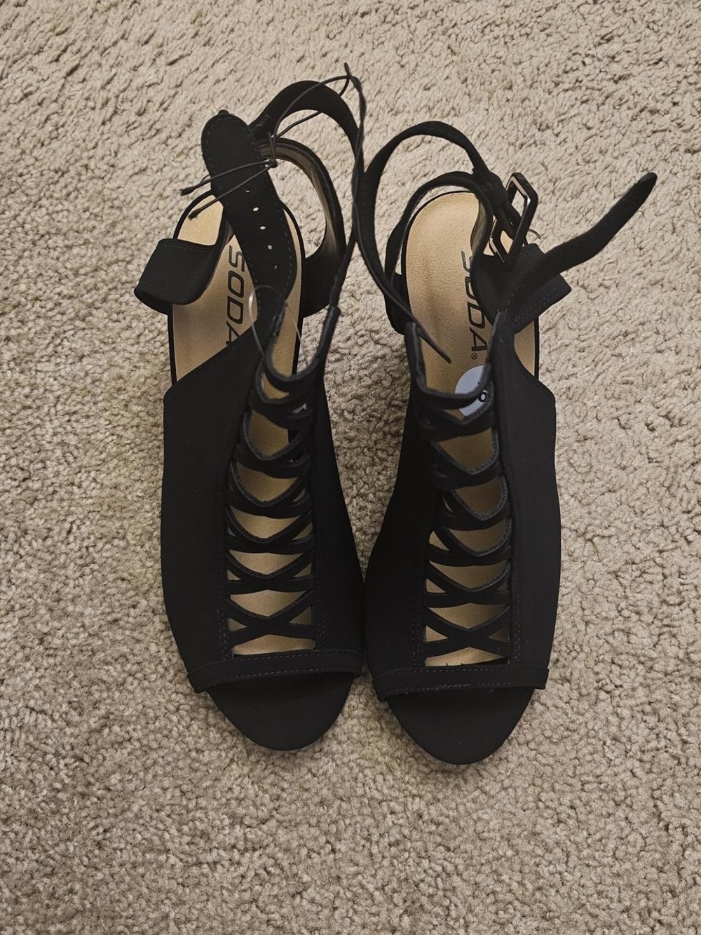 Soda Black Lace-Up Peep Toe Ankle Strap Heels
